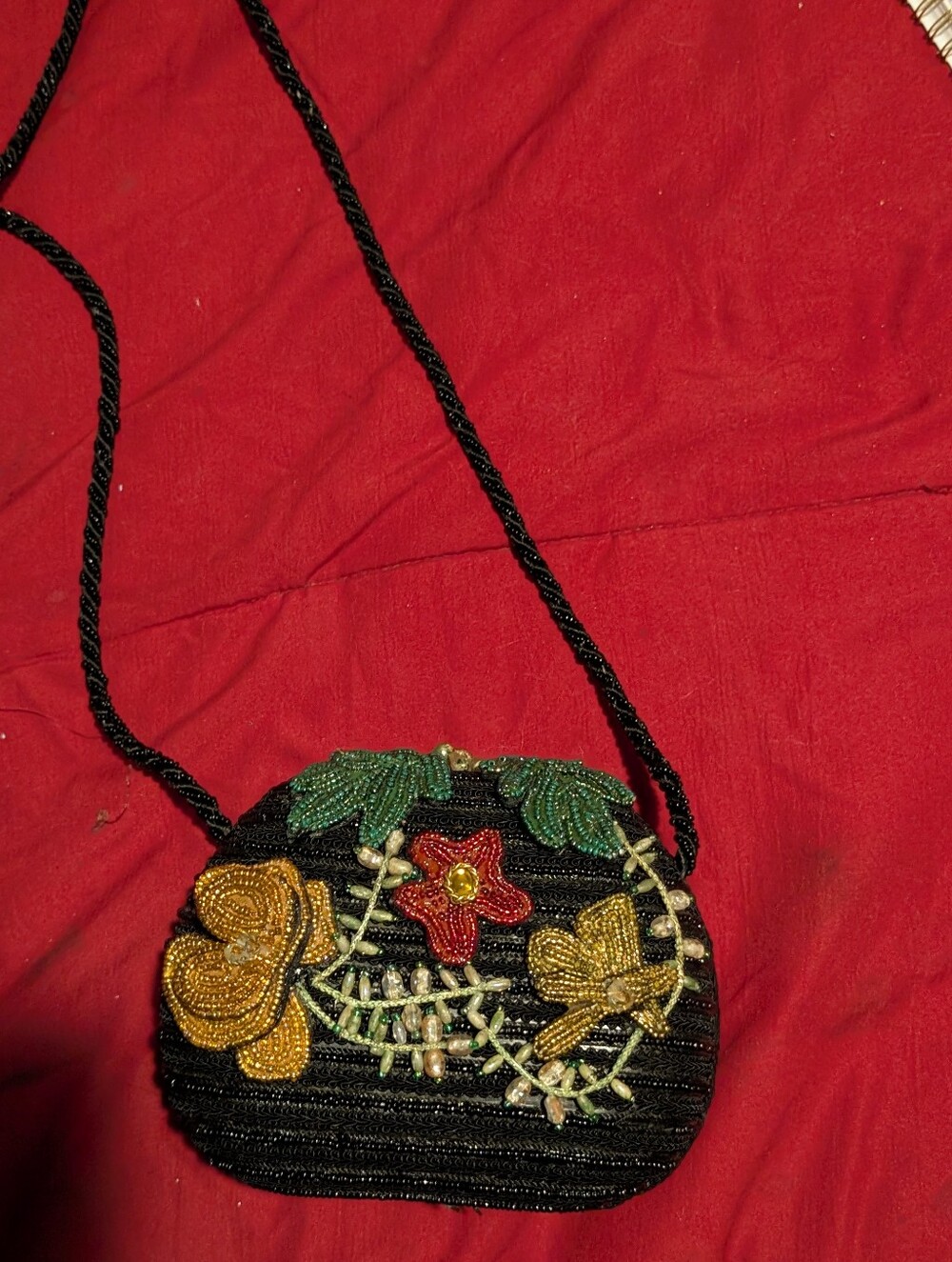 Mary Frances Black Beaded Crossbody with Gold, Green & Red Floral Detail